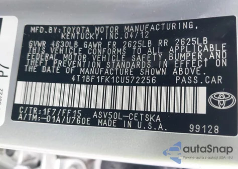 2012 Toyota Camry Se z USA, uszkodzony, nr VIN 4T1BF1FK1CU572256